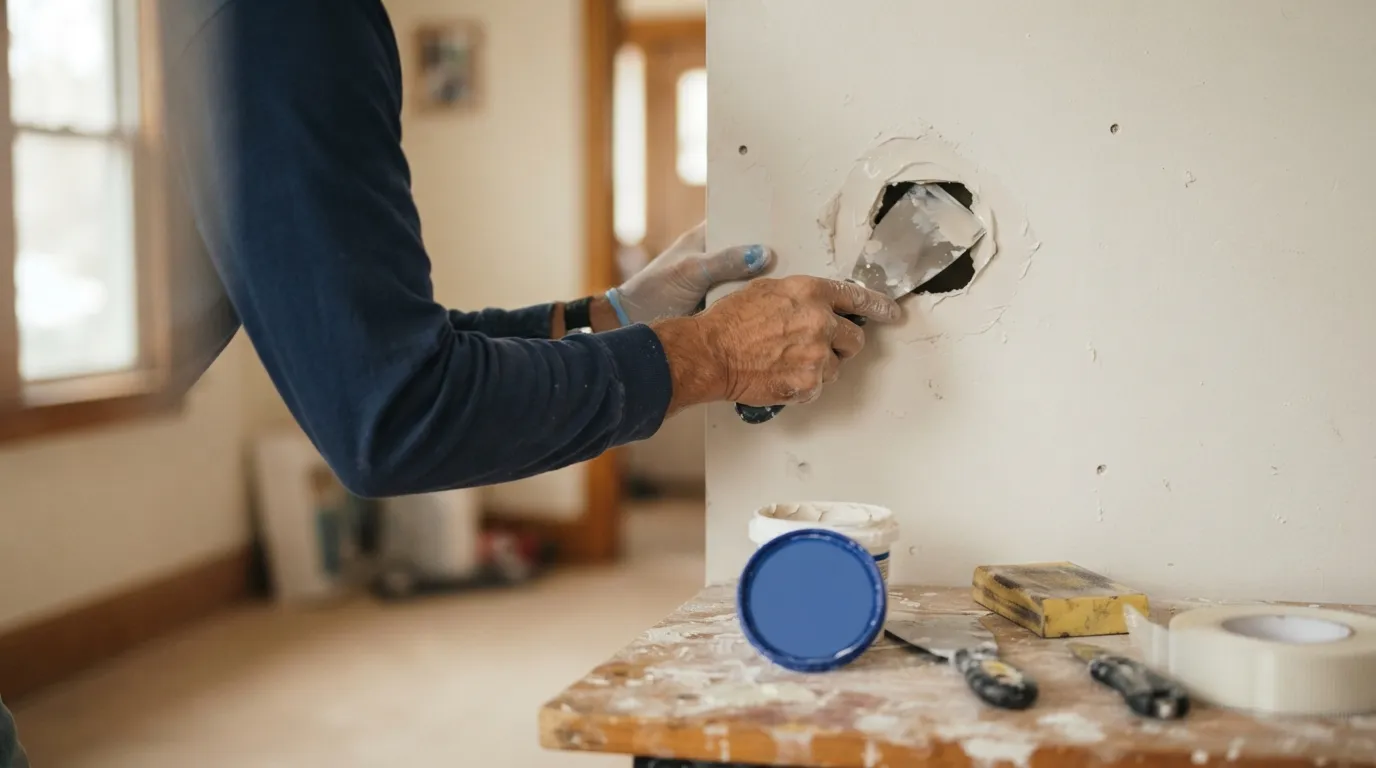 Hands of a worker patching a drywall hole with joint compound under warm workshop light, tools and a sanding block visible on the table