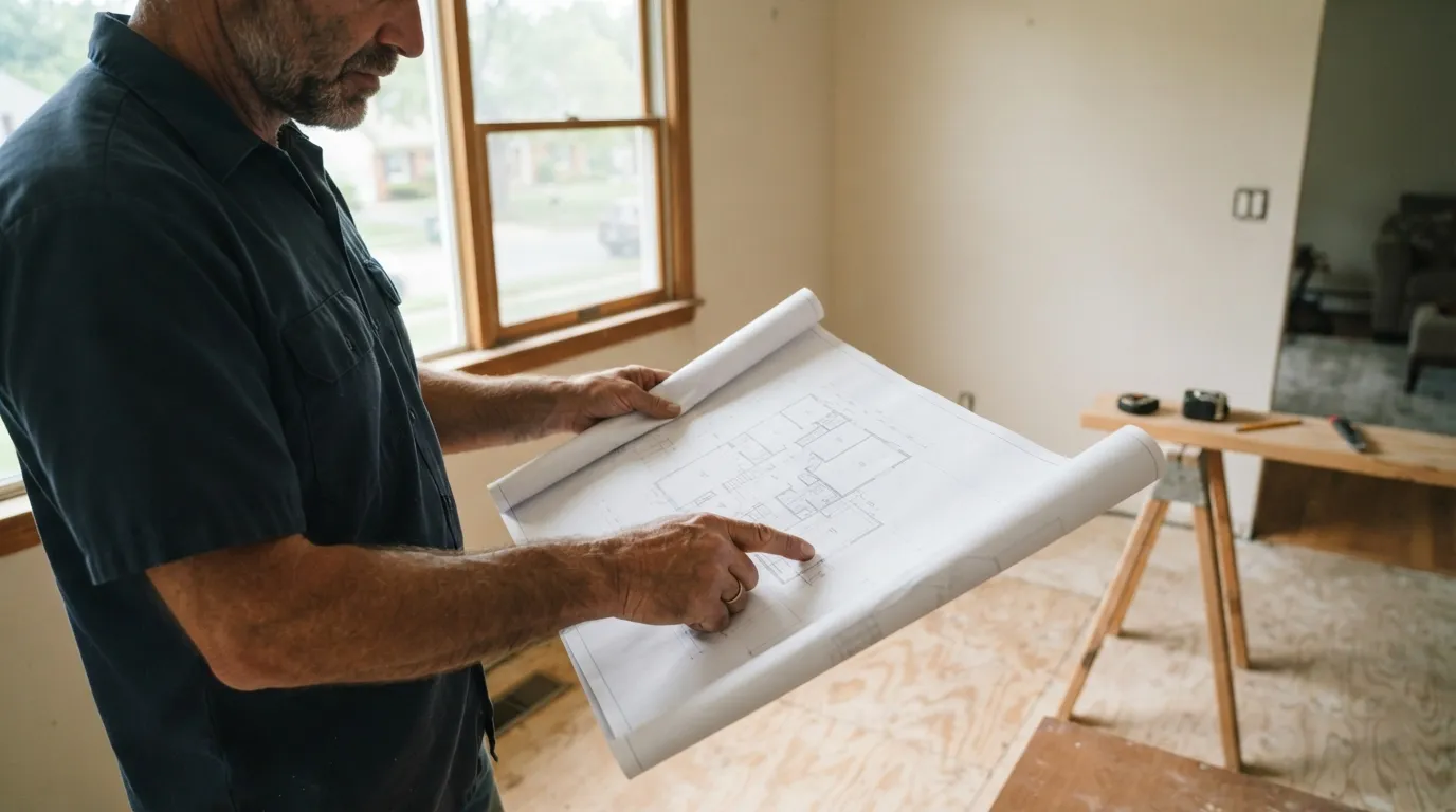 A contractor’s hands holding a layout plan over a cleared kitchen floor, soft daylight through a side window