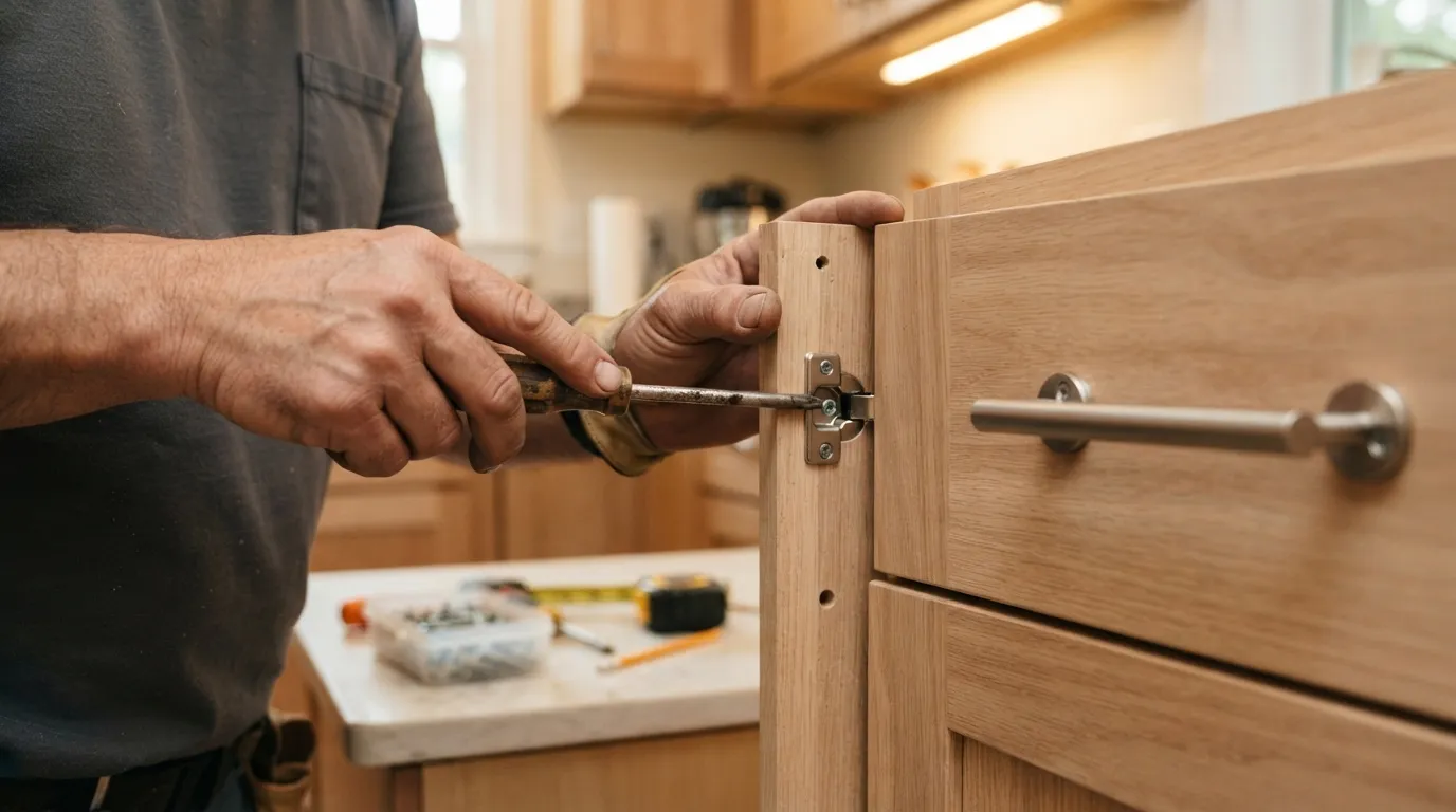 A close-up of hands installing a cabinet hinge and fitting a new drawer pull, warm overhead workshop light