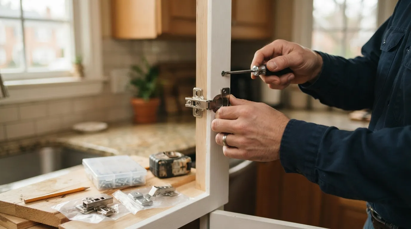 A tradesperson’s hands tightening a cabinet hinge under warm workshop light, tools and a few replacement hinges on the work surface