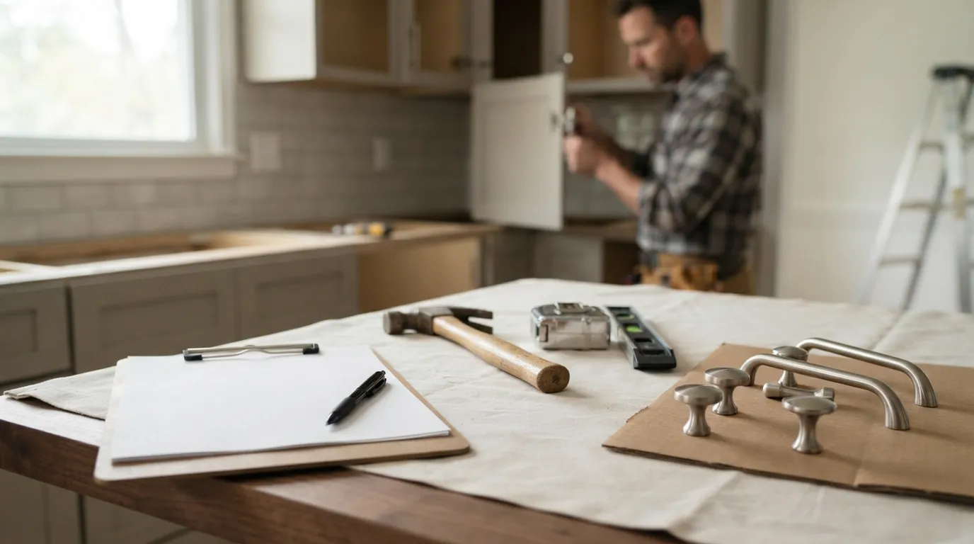 A neat worksite with a written estimate on a clipboard, hand tools nearby and a small stack of sample cabinet hardware under soft daylight