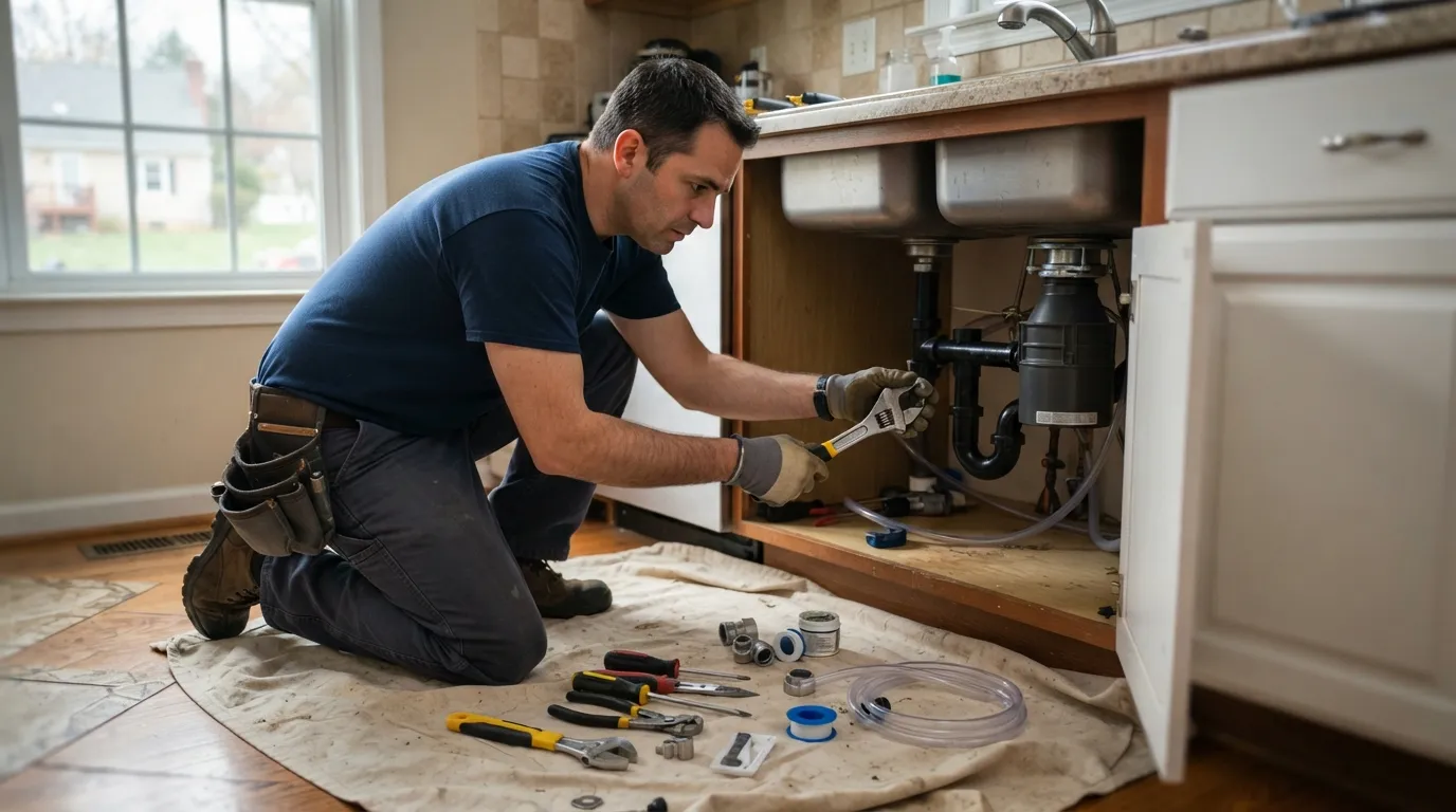 A technician kneeling beside a kitchen sink, tools spread on a cloth, natural window light highlighting the workspace