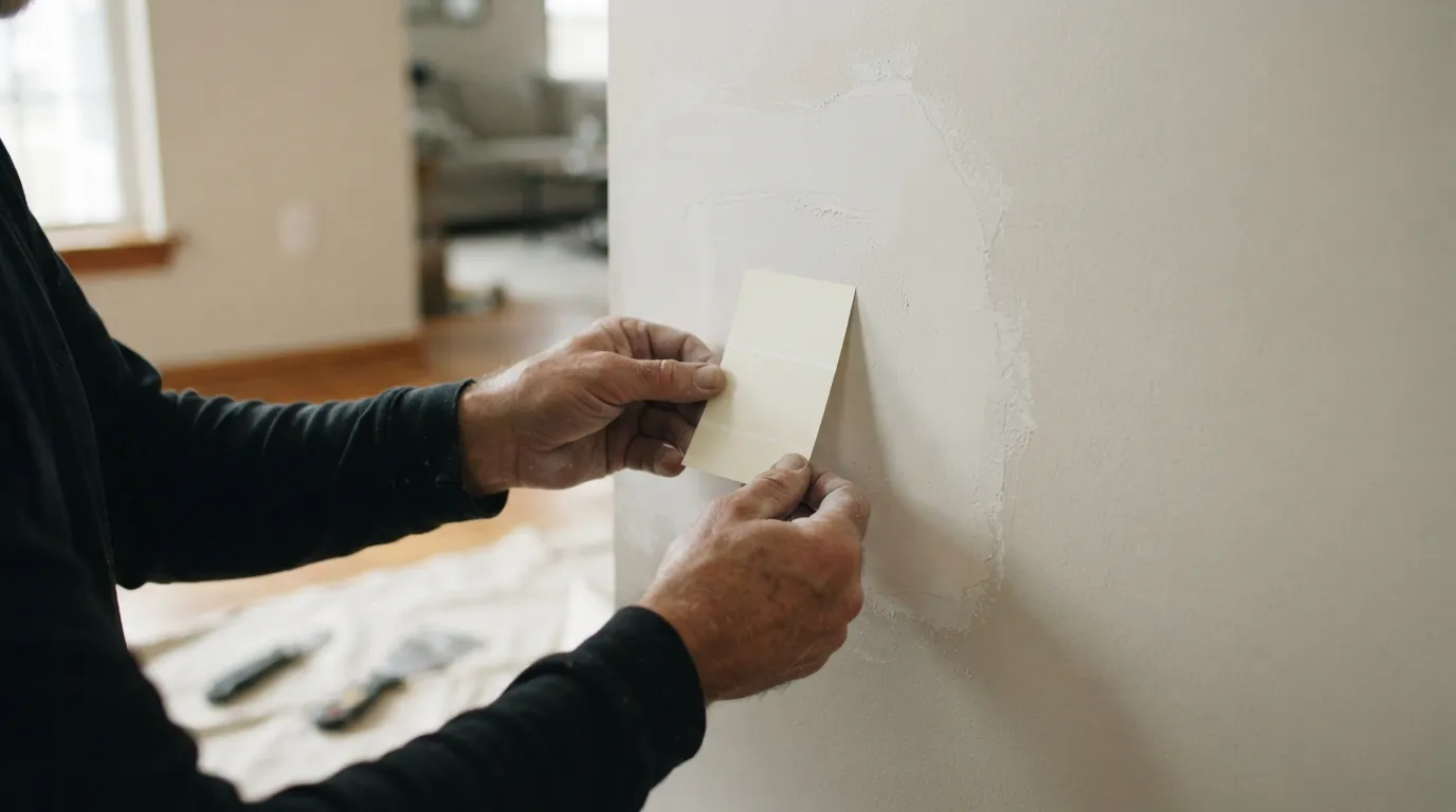 Hands holding a paint swatch next to a freshly patched wall, soft daylight showing texture differences