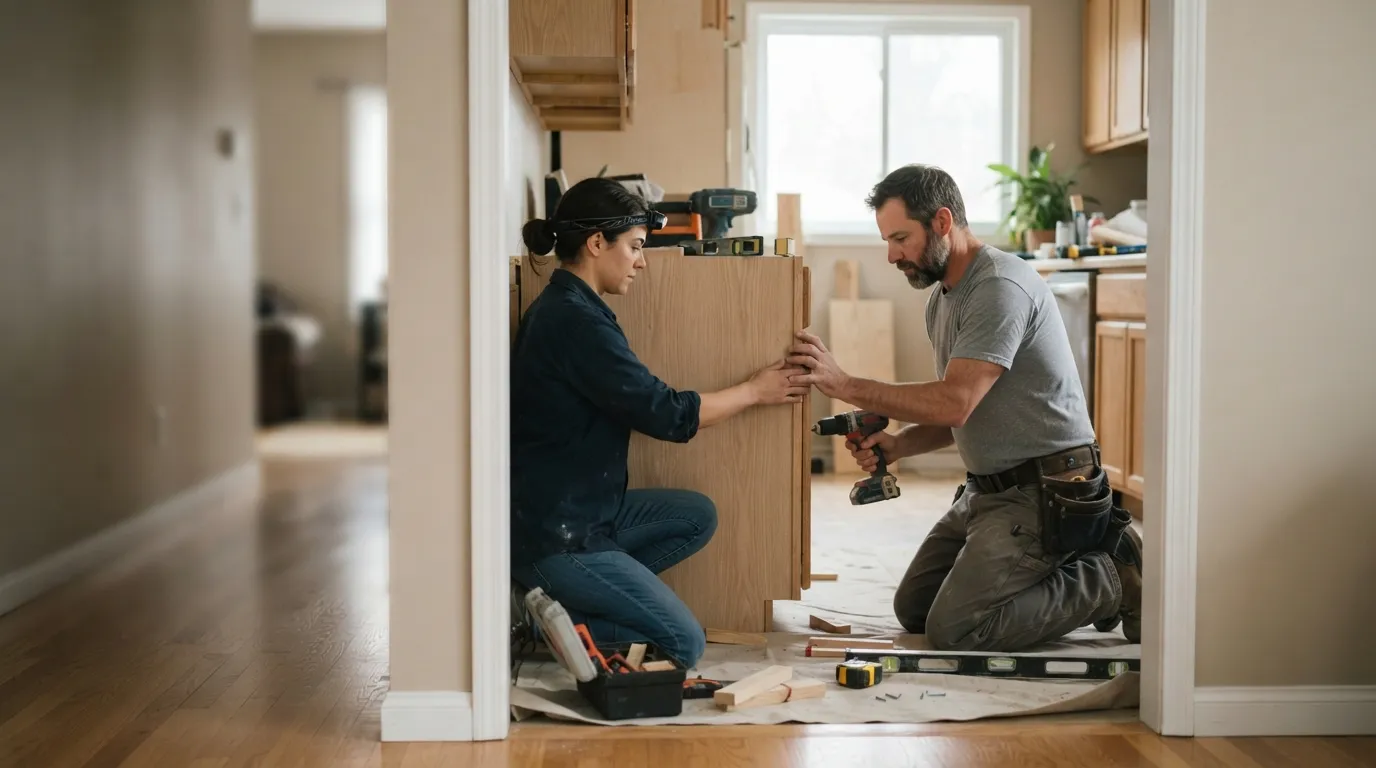 Two tradespeople kneeling in a kitchen doorway fitting a cabinet, morning light through a window