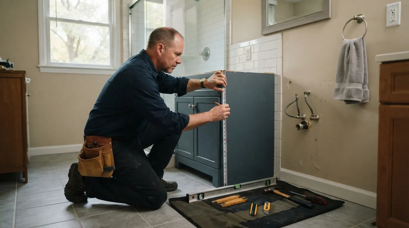 A handyman measuring a bathroom wall for a new vanity under soft afternoon light while tools sit neatly to one side