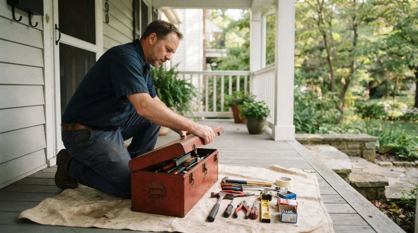 A handyman opening a toolbox in bright morning light on a covered porch, tools and materials arranged neatly on a drop cloth