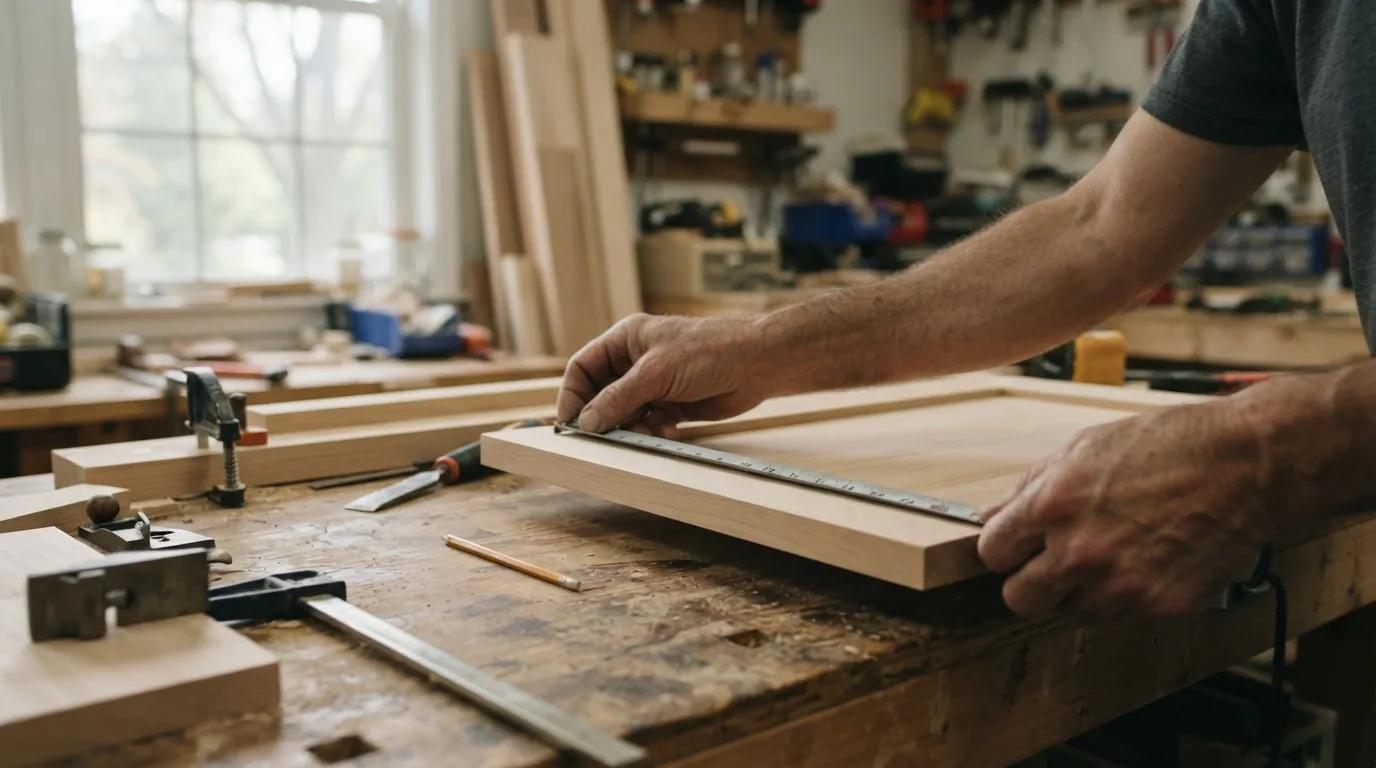 Two hands measuring a cabinet door on a workbench with natural light from a nearby window, clamps and wood scraps in soft focus