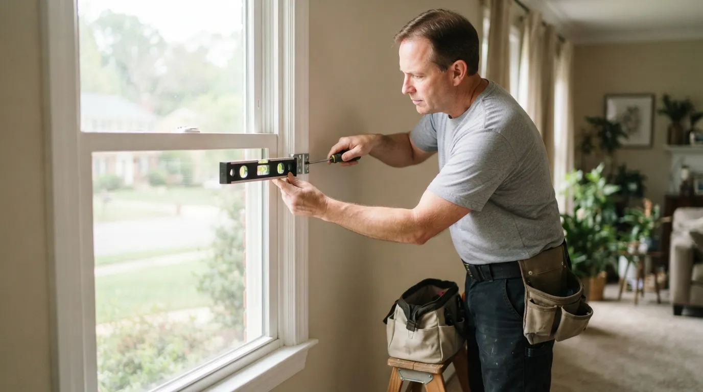 A handyman using a spirit level to set blind brackets inside a window reveal, soft daylight through the glass
