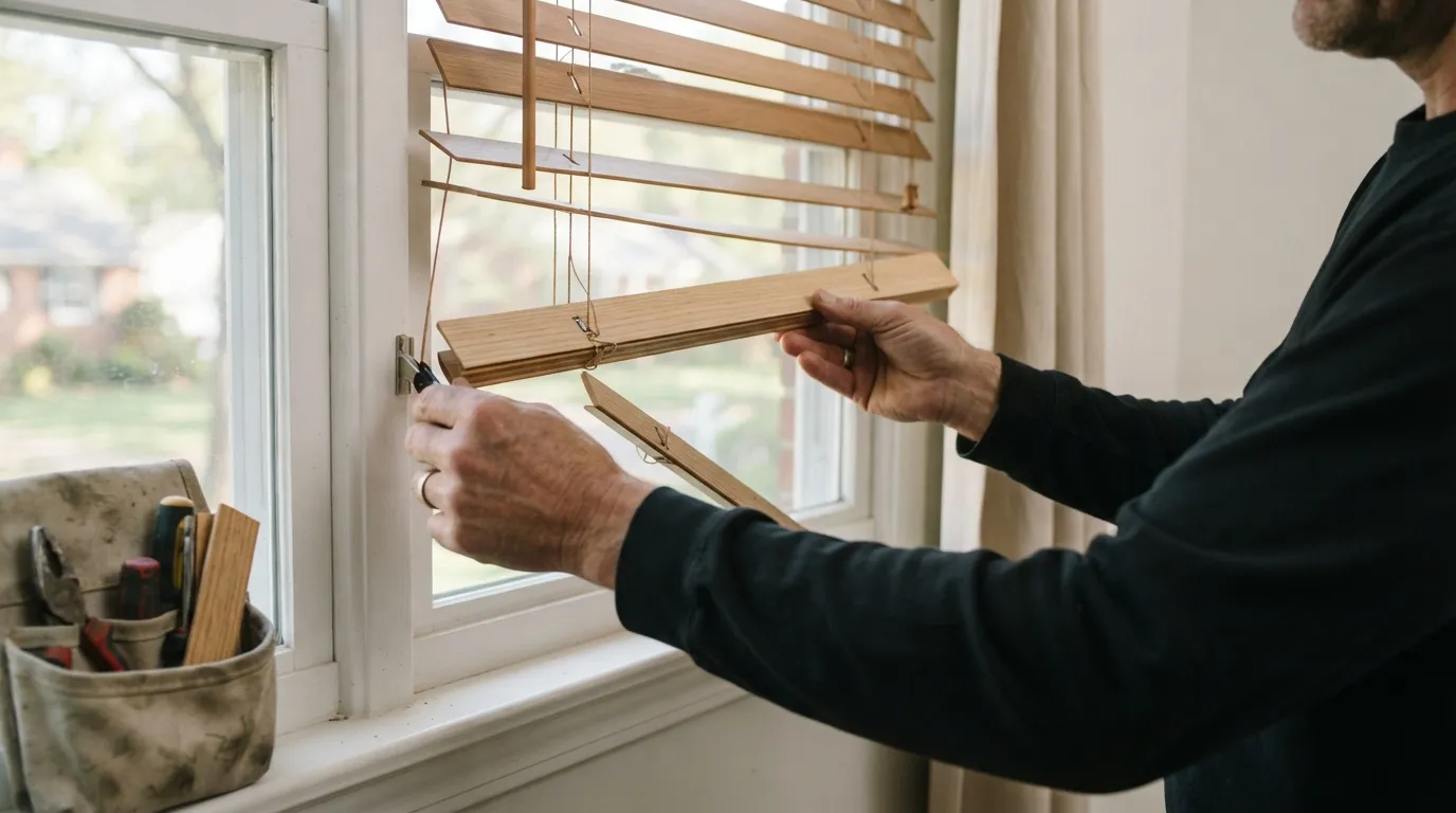 Close-up of hands replacing a damaged slat in a horizontal blind over a window with soft indoor light