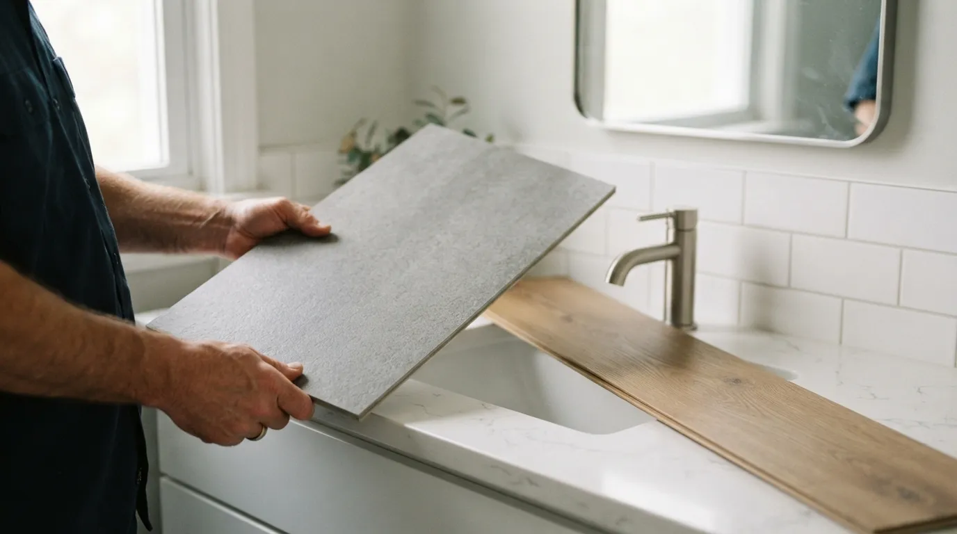 A close-up of hands holding a large-format porcelain tile sample next to a wood-look vinyl plank, shot over a bathroom vanity with soft window light