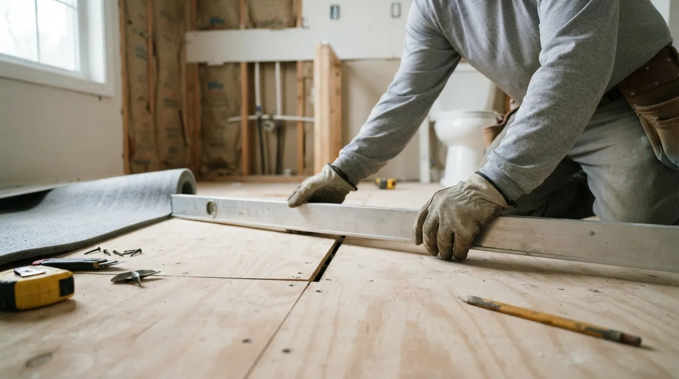 A contractor's hands using a straightedge to check a subfloor level in a bathroom, with tools and a roll of underlayment visible on the floor and warm workshop…