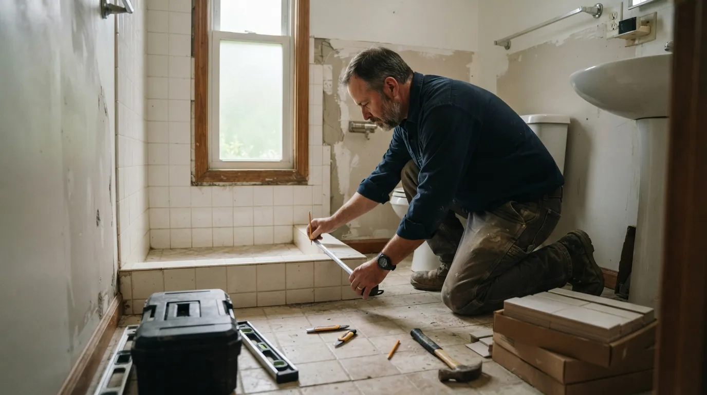 A contractor measuring a small bathroom, natural light from a narrow window, tools and tiles on the floor
