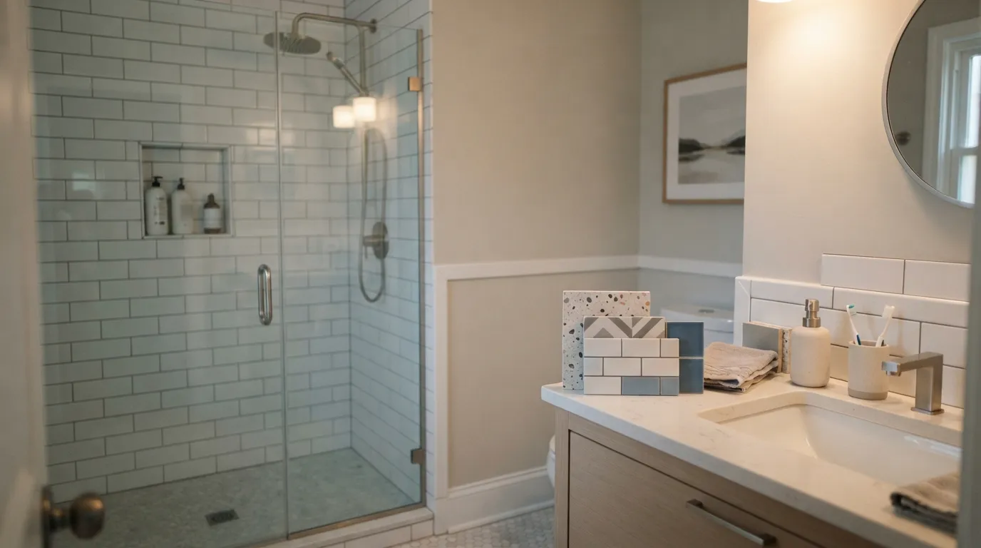 A small bathroom with a clear glass shower door, recessed shelving, and stacked tile samples on the vanity under warm task light
