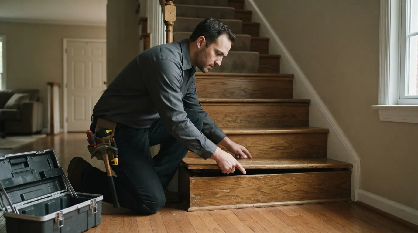 A technician kneeling at the base of a dim staircase, pointing at a loose tread while soft morning light comes through a nearby window