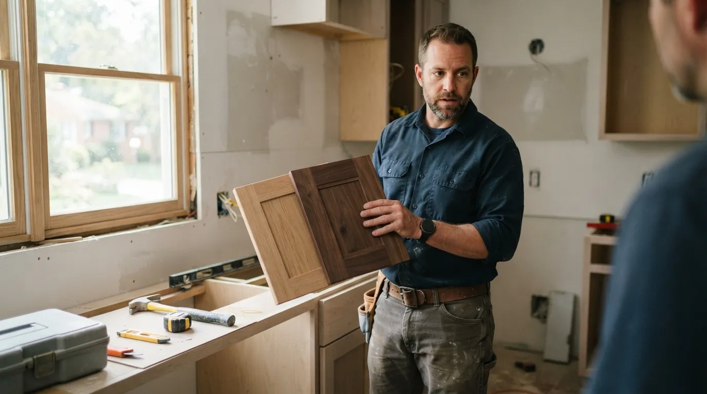 A contractor holding cabinet door samples against a kitchen wall under construction, daylight from a window falling on the samples