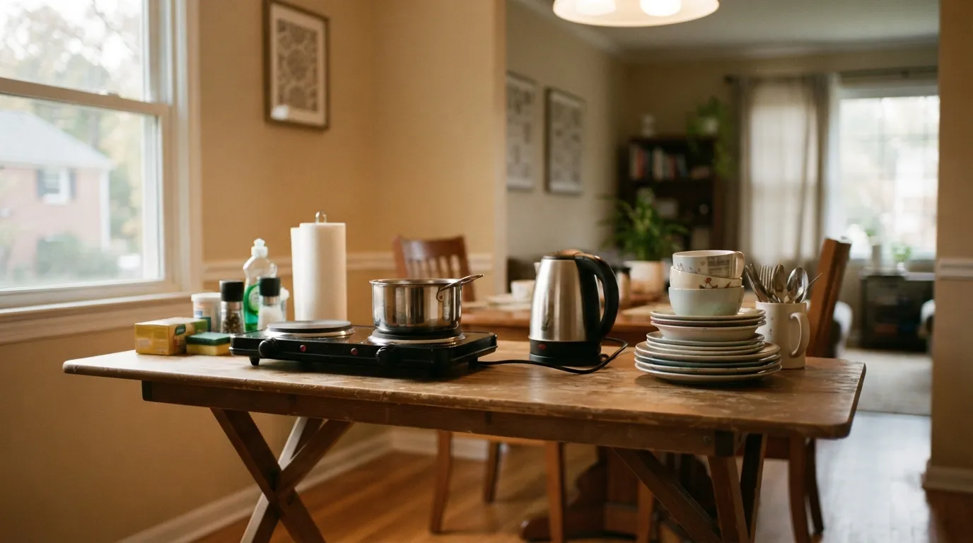 A temporary kitchenette set up in a dining room with a small hotplate, a kettle, and stacked dishes on a folding table under warm interior light
