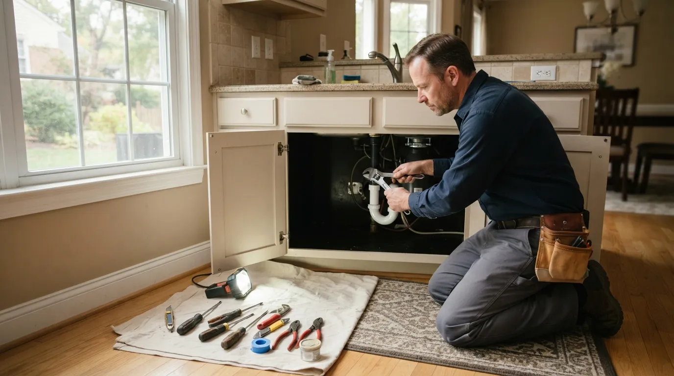 A handyman kneeling beside a sink, tools spread on a cloth, natural light from a nearby window
