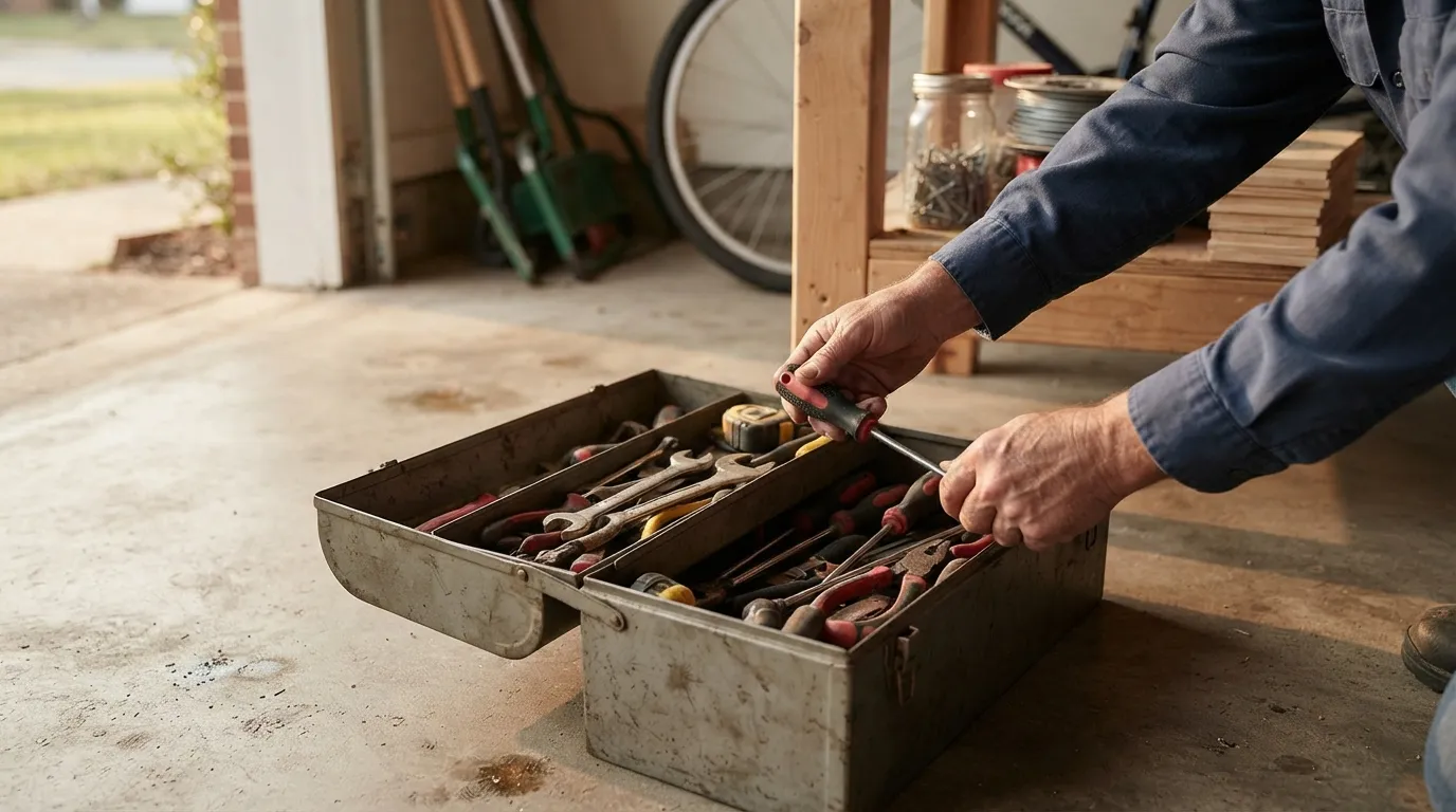 A toolbox open on a garage floor with hands selecting a screwdriver, late afternoon light casting long shadows