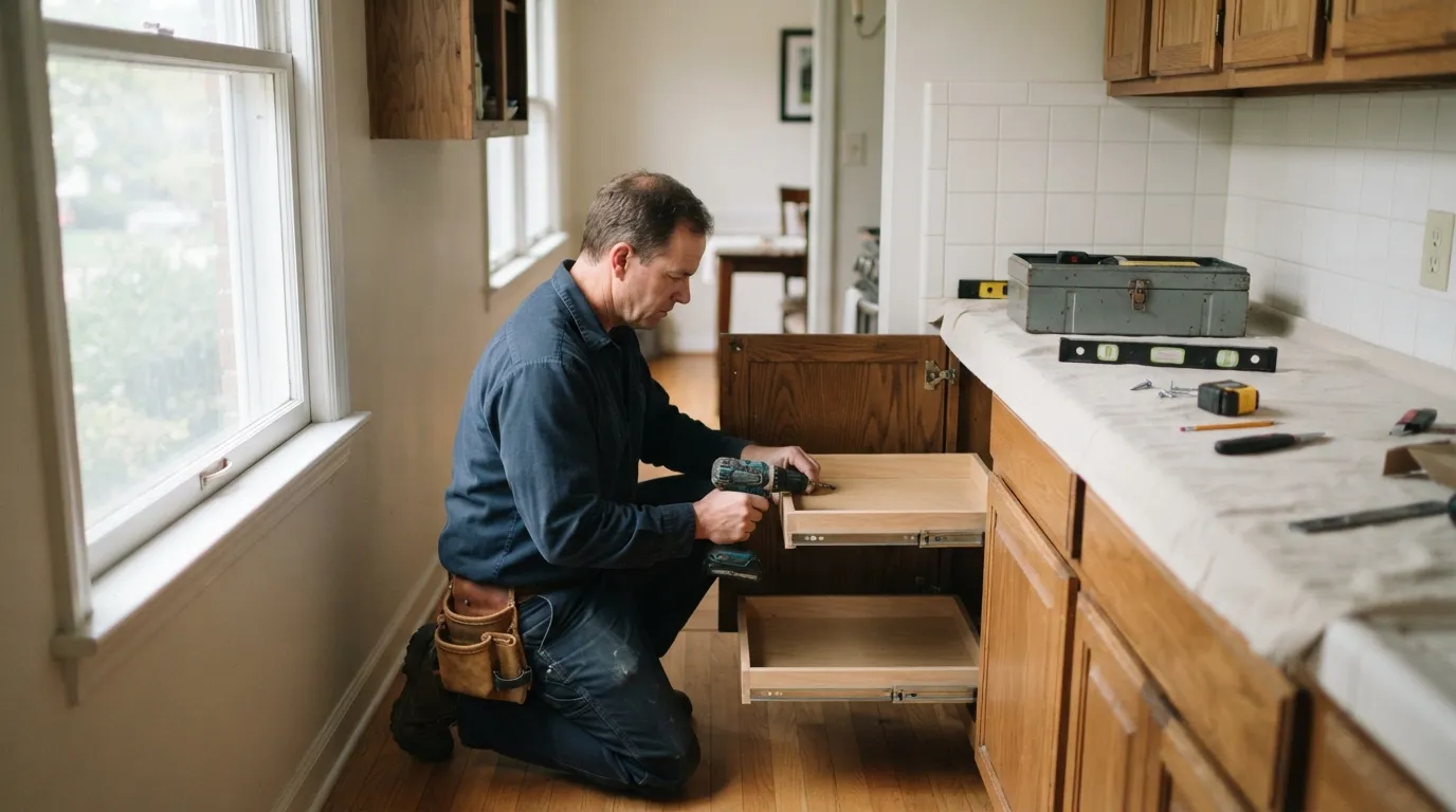 A contractor fitting pull-out shelves into a narrow galley kitchen, soft morning light from a window on the left, tools on a covered counter