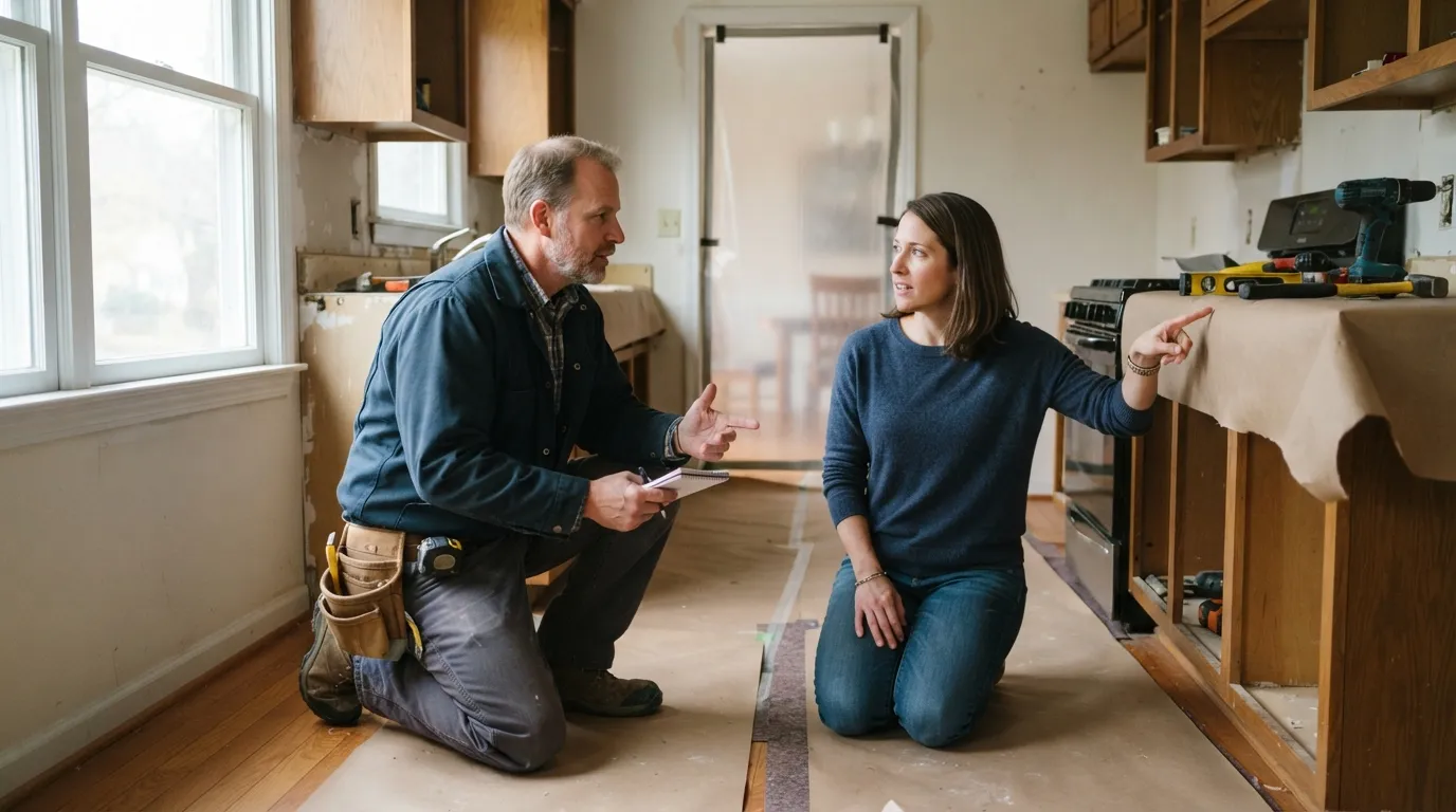 A homeowner and a contractor kneeling in a kitchen during a walkthrough, natural light on a covered floor, dust barrier visible in the doorway