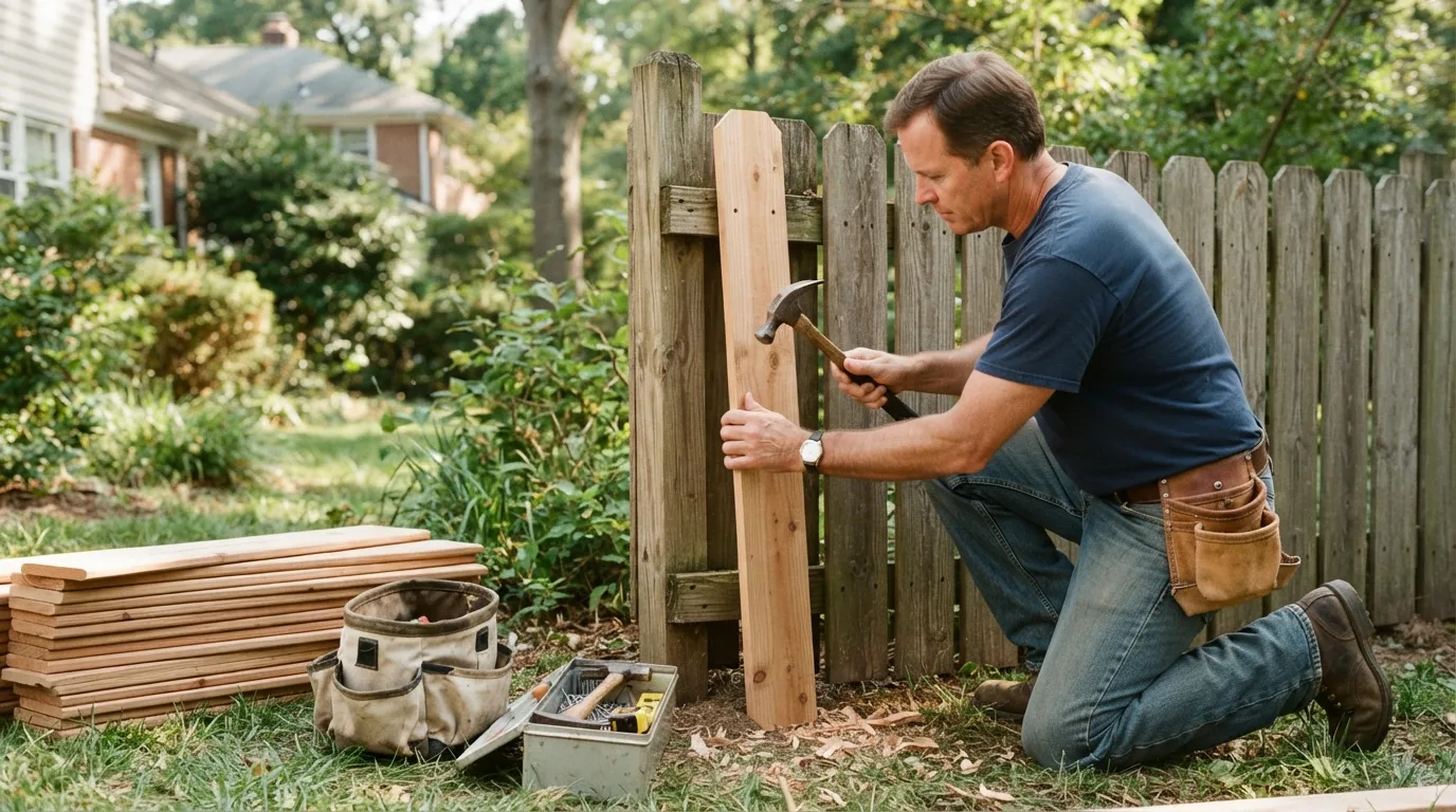 A backyard scene with a handyman fitting a replacement fence picket into place, sunlight on tools and a tidy pile of spare boards