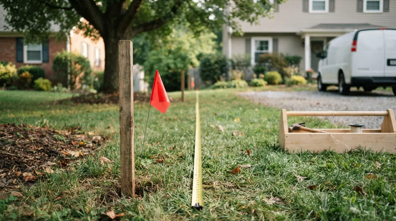 Morning light on a property line where a new fence will go, showing stakes in the ground, a utility-locate flag, and a tape measure stretched along the propose…