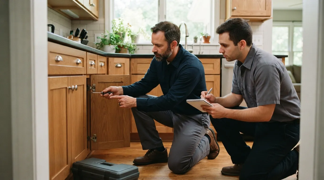 Two technicians kneeling in a bright kitchen doorway, examining cabinet hinges and taking notes with natural light coming from the window