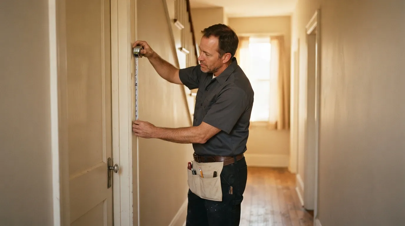 A technician standing in a hallway measuring a door frame with a tape measure, late afternoon light through the window