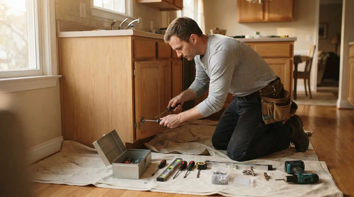 A tradesperson kneeling by a kitchen cabinet, late afternoon light coming through a window, tools and parts laid out neatly on drop cloths