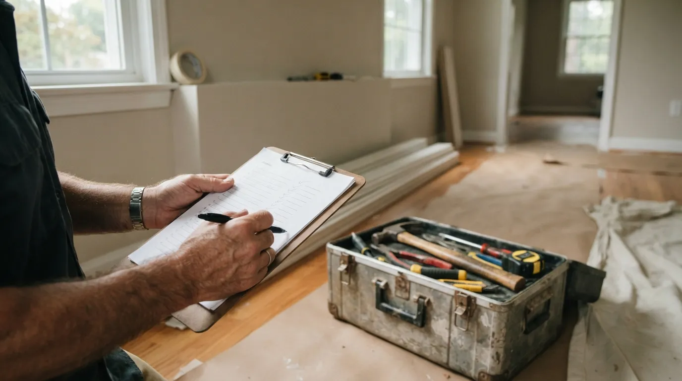 Hands holding a clipboard and a checklist beside a toolbox on a covered floor, soft morning light through a nearby window
