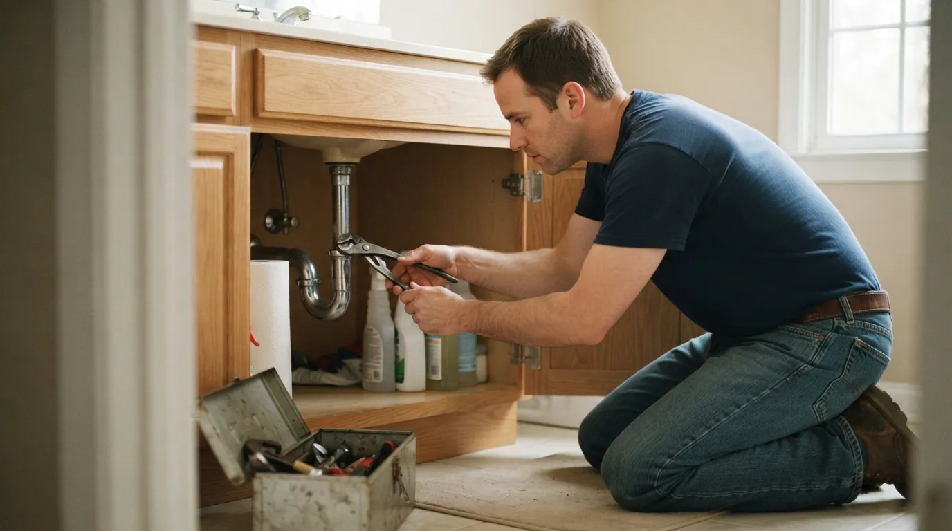 Technician kneeling in a bright bathroom cabinet, removing the trap under a sink with hand tools, daylight from a nearby window illuminating the work area