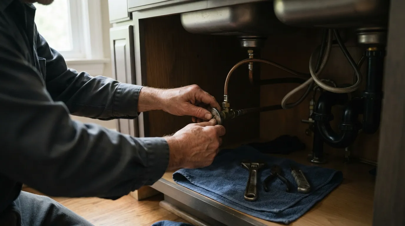 Hands turning a shutoff valve under a kitchen sink with natural light from the window, tools beside the valve on a folded towel