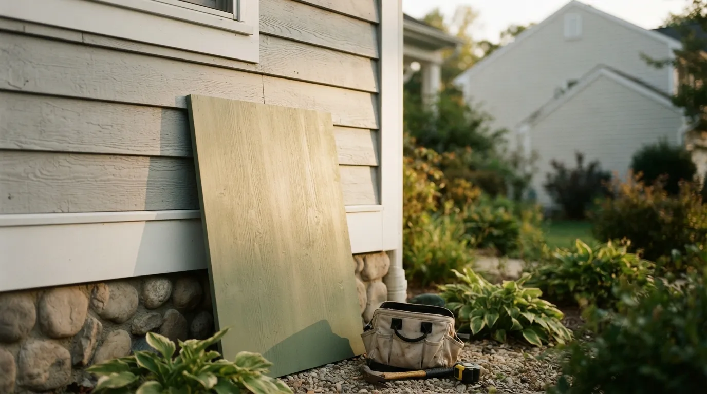 A painted sample board leaning against a house siding, photographed at eye level with late-afternoon light showing the color shift between sun and shade