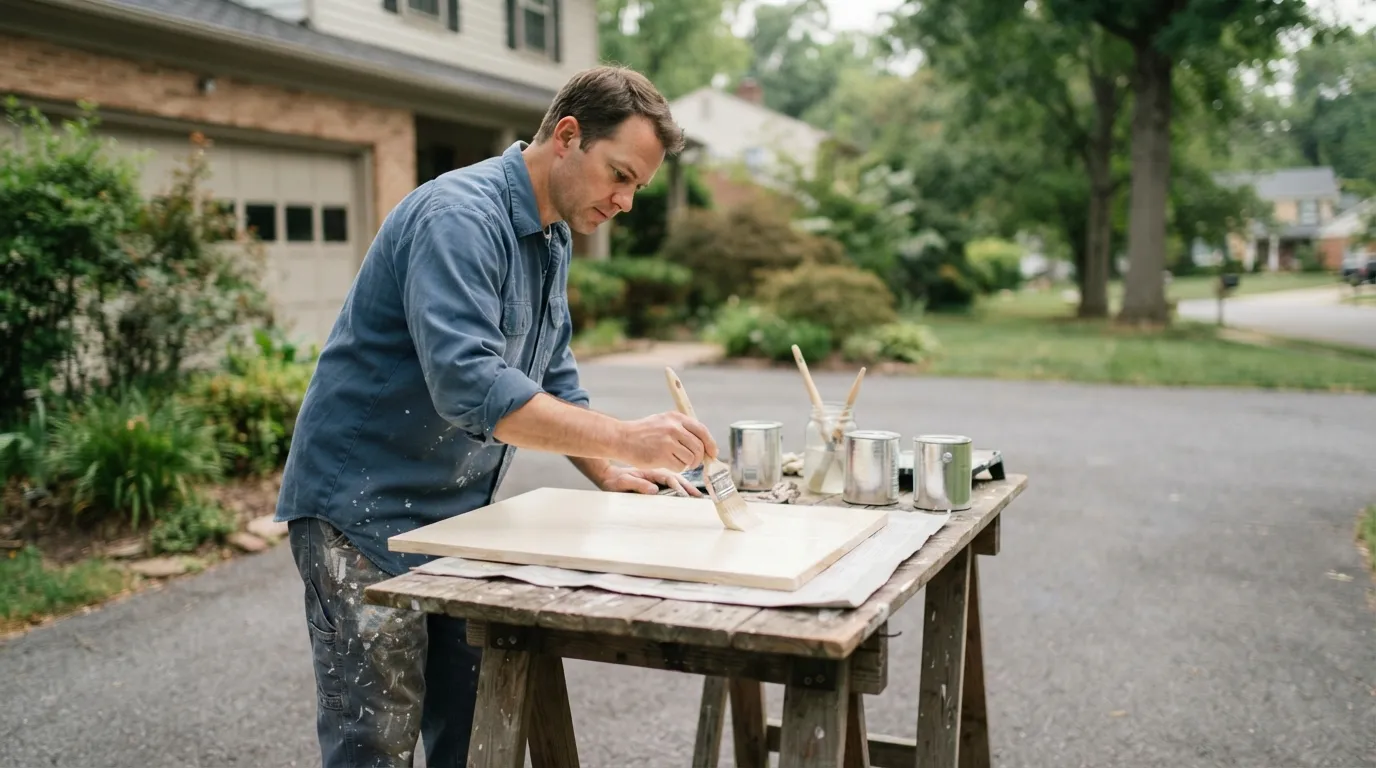 A painter preparing a primed sample board on a driveway table, brushes and small paint cans visible, soft morning light