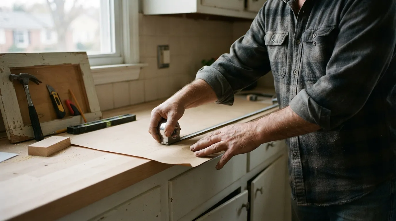 A contractor's hands measuring a countertop template in soft morning light, tools and a worn cabinet door visible on the work surface