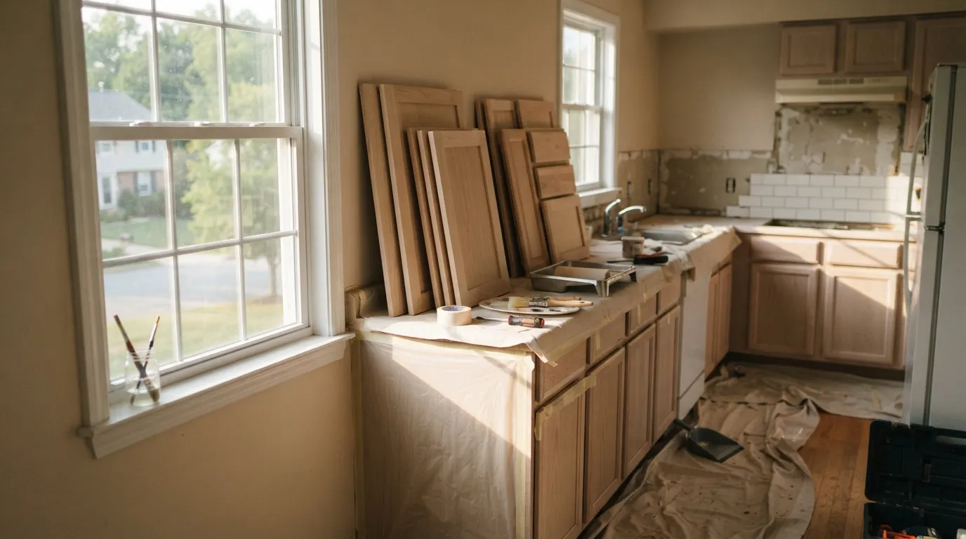 A small kitchen work area with protective drop cloths, a stack of plain cabinet doors ready to be painted, and a window letting in late afternoon light