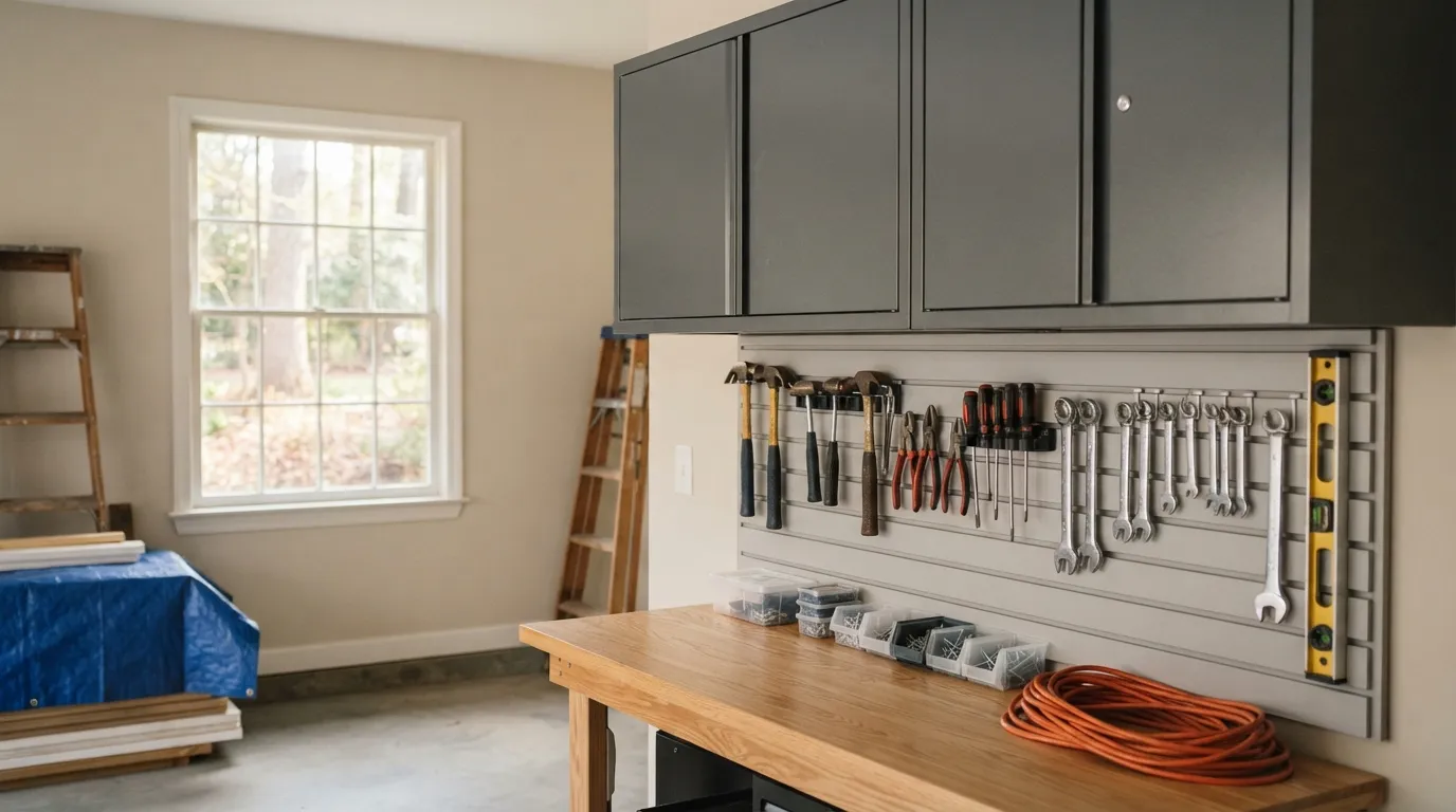A tidy garage wall with mounted cabinets and a slatwall system, morning light coming in through a side window