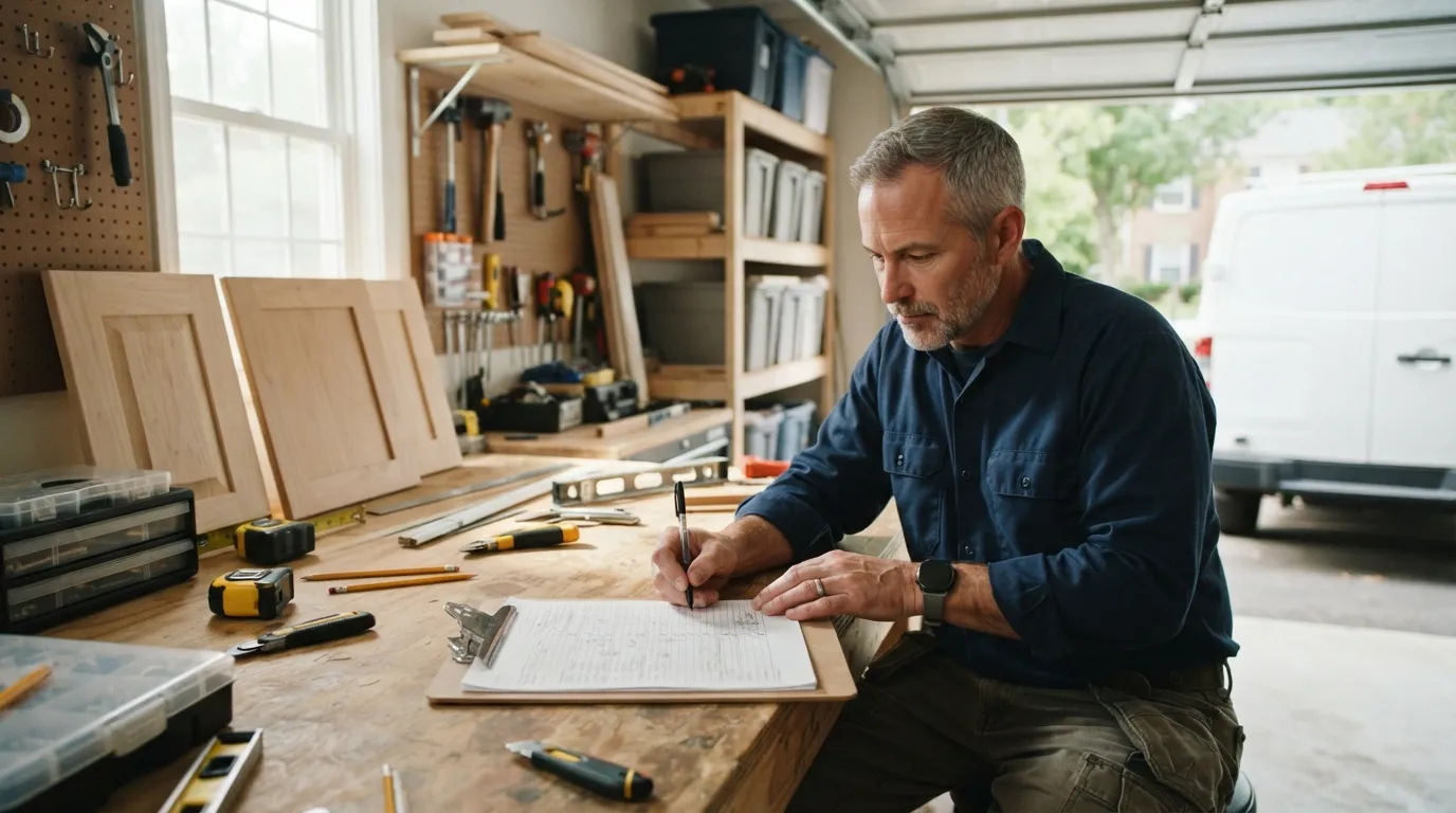 A tradesperson writing a detailed itemised quote on a clipboard in a bright garage, tools and sample cabinet doors visible on a workbench