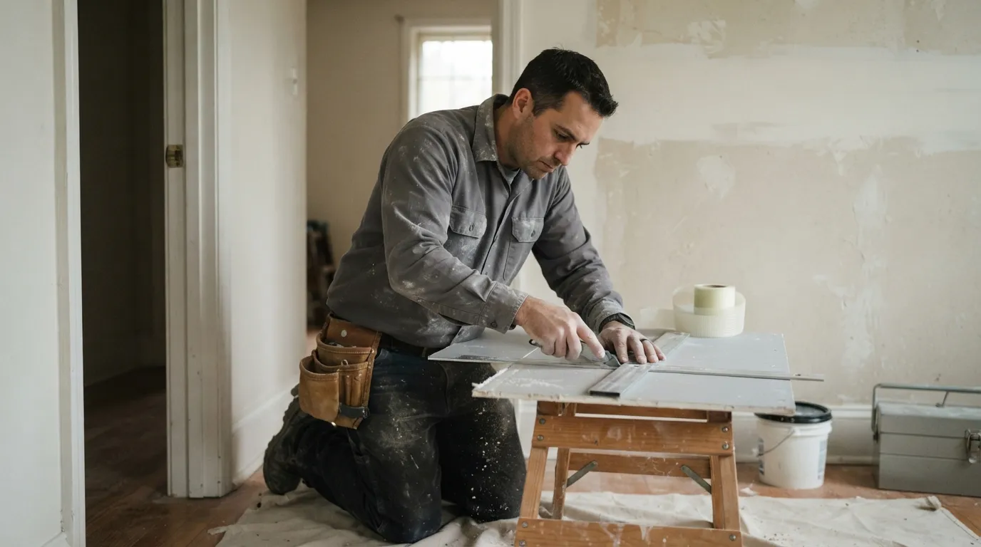 A technician cutting a drywall patch to size beside a doorway, soft indoor light showing the texture of the existing wall