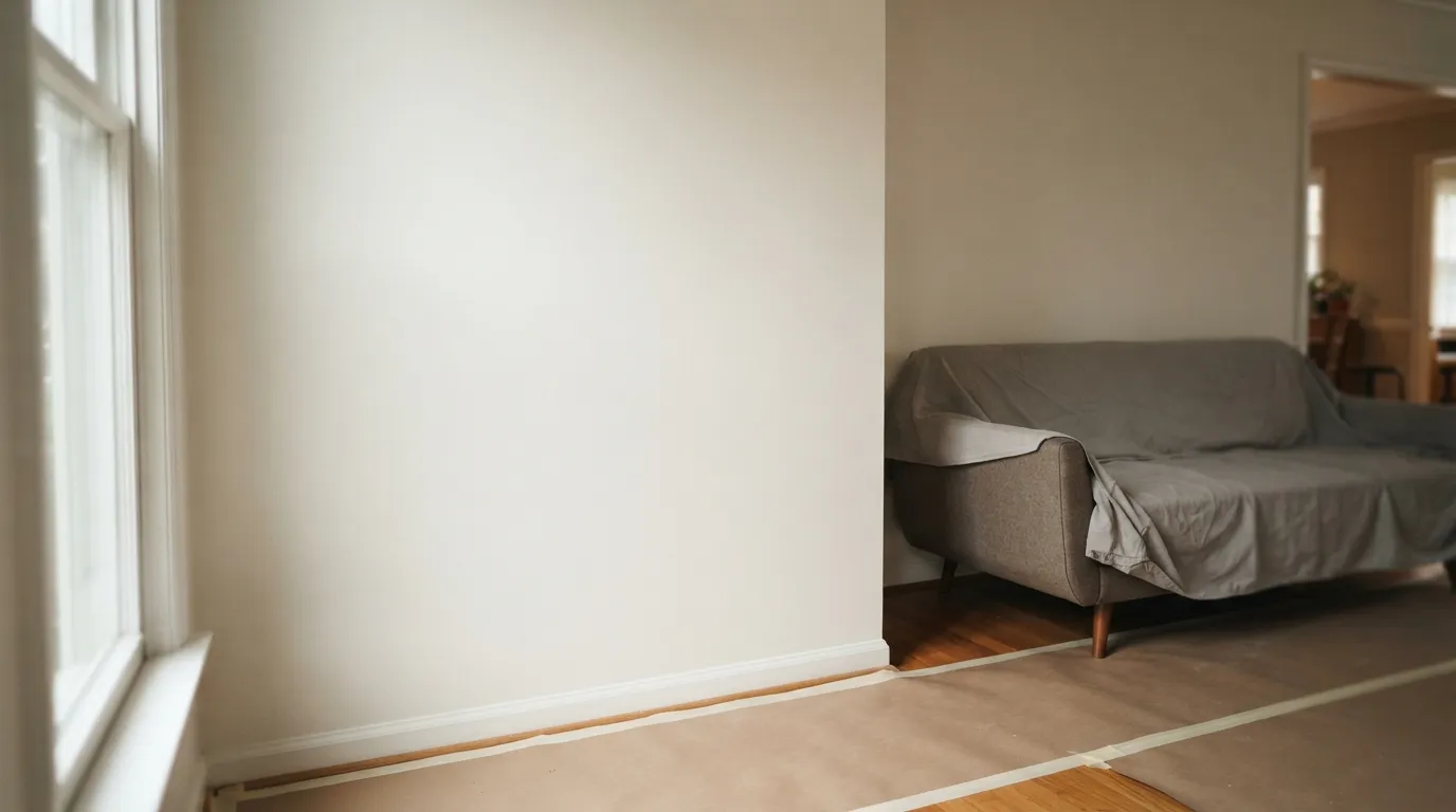 A finished wall after repair, lit from the same angle as the before shot, with floor protection and a covered sofa returned to place