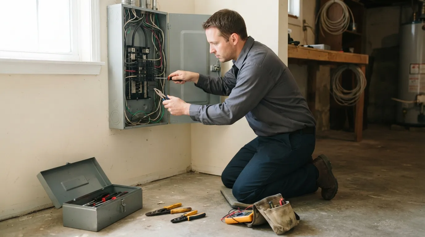 A technician kneeling by an electrical panel with tools on the floor, daylight from a window highlighting the wiring