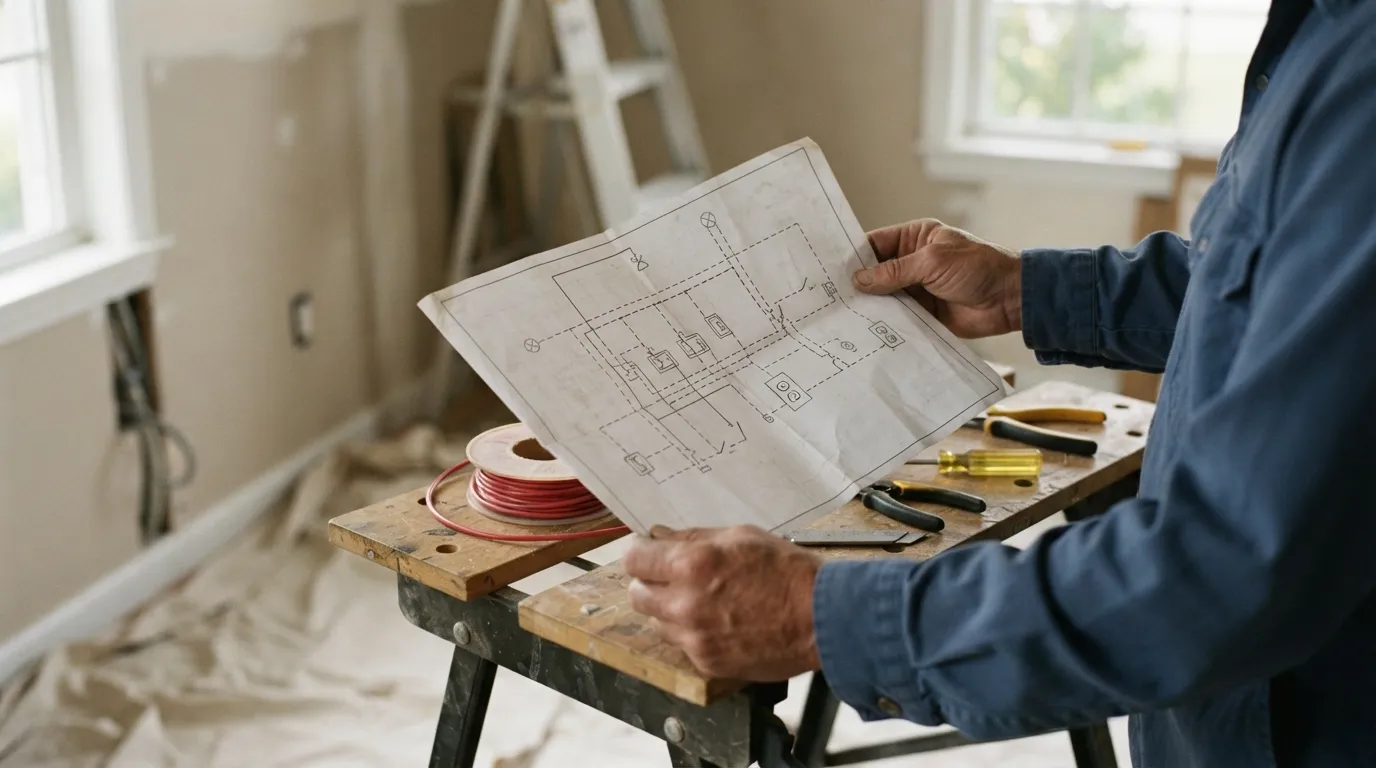 Hands holding a wiring diagram and a small roll of wire on a folding workbench, late afternoon light from a nearby window