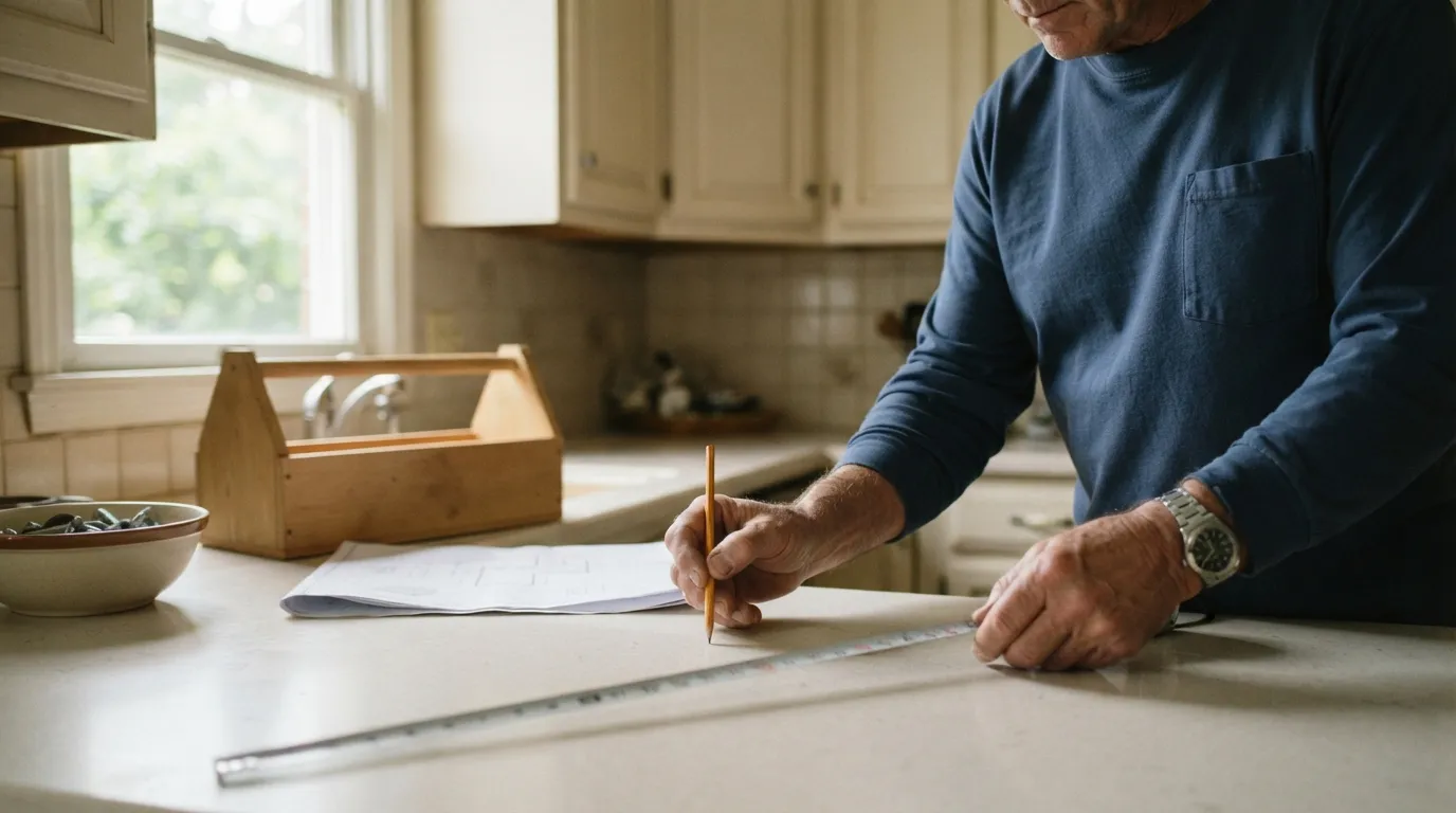 Sunlight on a contractor’s hands measuring a kitchen layout with a tape and pencil, counters and cabinets visible in soft daylight