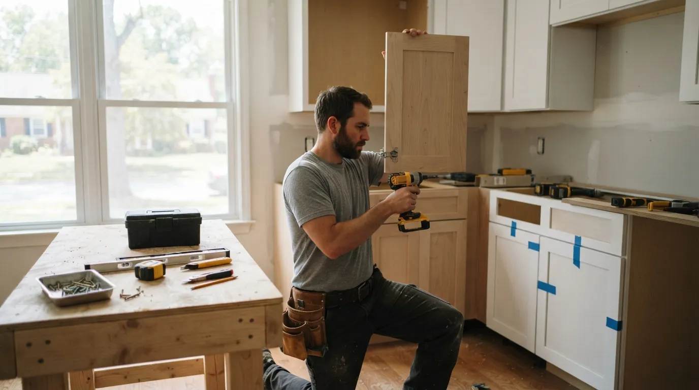 A kitchen mid-renovation with tools on a temporary workbench and a contractor fitting a cabinet door in natural light