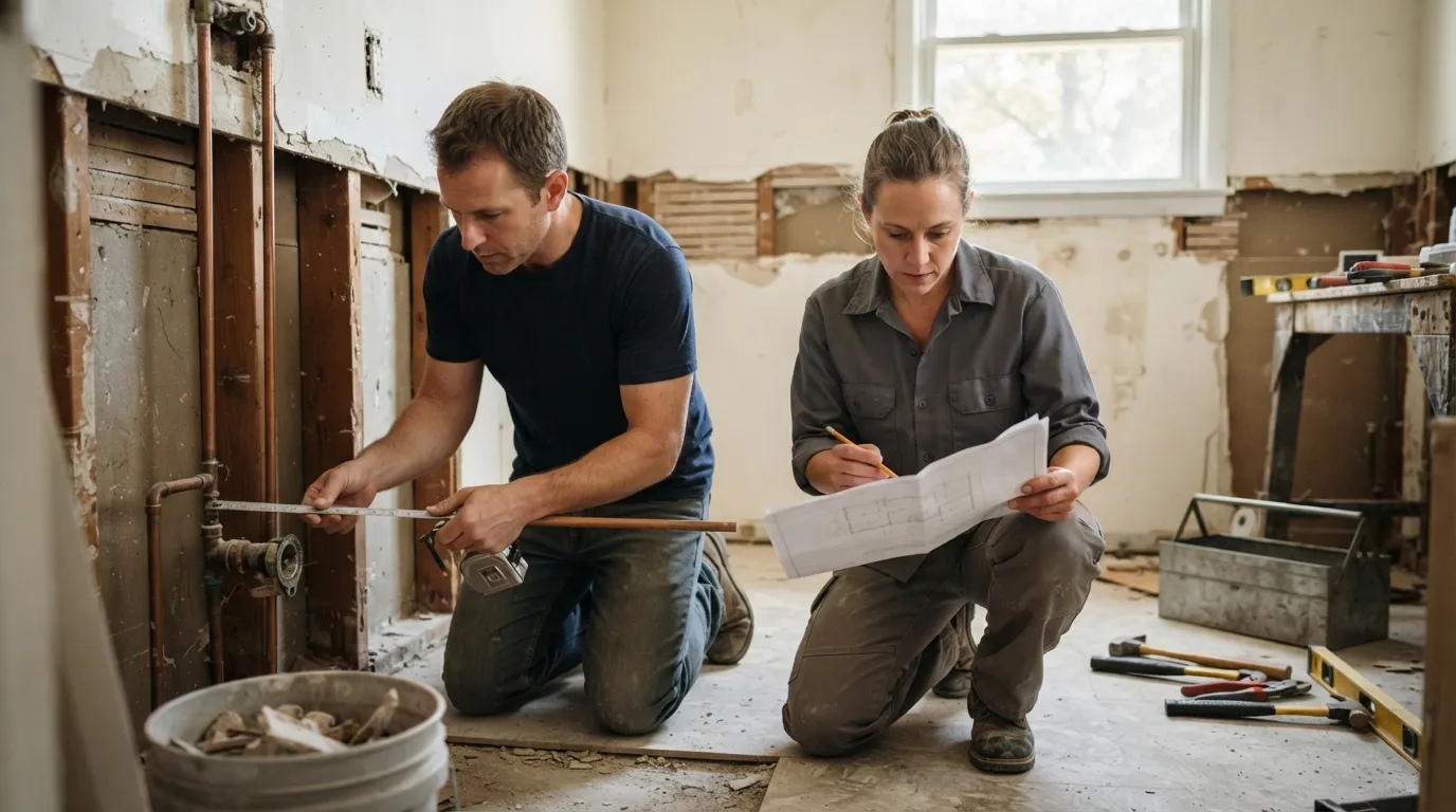 Two tradespeople kneeling inside a partially demolished bathroom, light from a side window, one measuring a pipe while the other checks a written plan