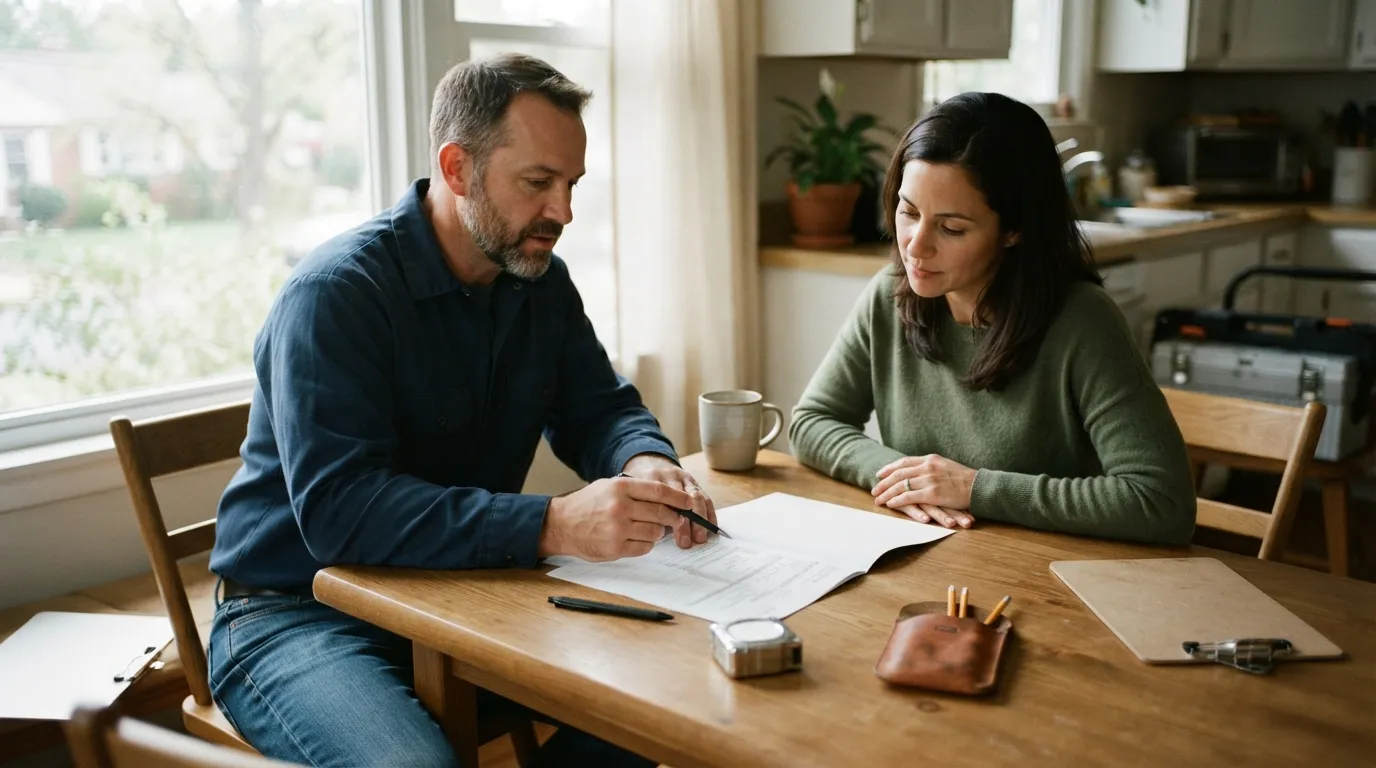 A contractor and homeowner reviewing a printed proposal on a kitchen table, soft daylight through a nearby window, tools and a tape measure visible