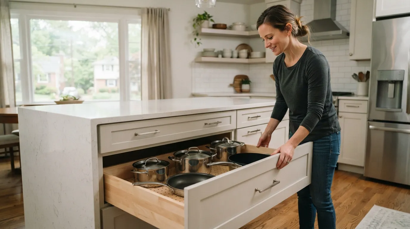 A mid-sized kitchen showing an island with integrated storage, soft morning light from a window, and a person opening a deep drawer to reveal organized pots