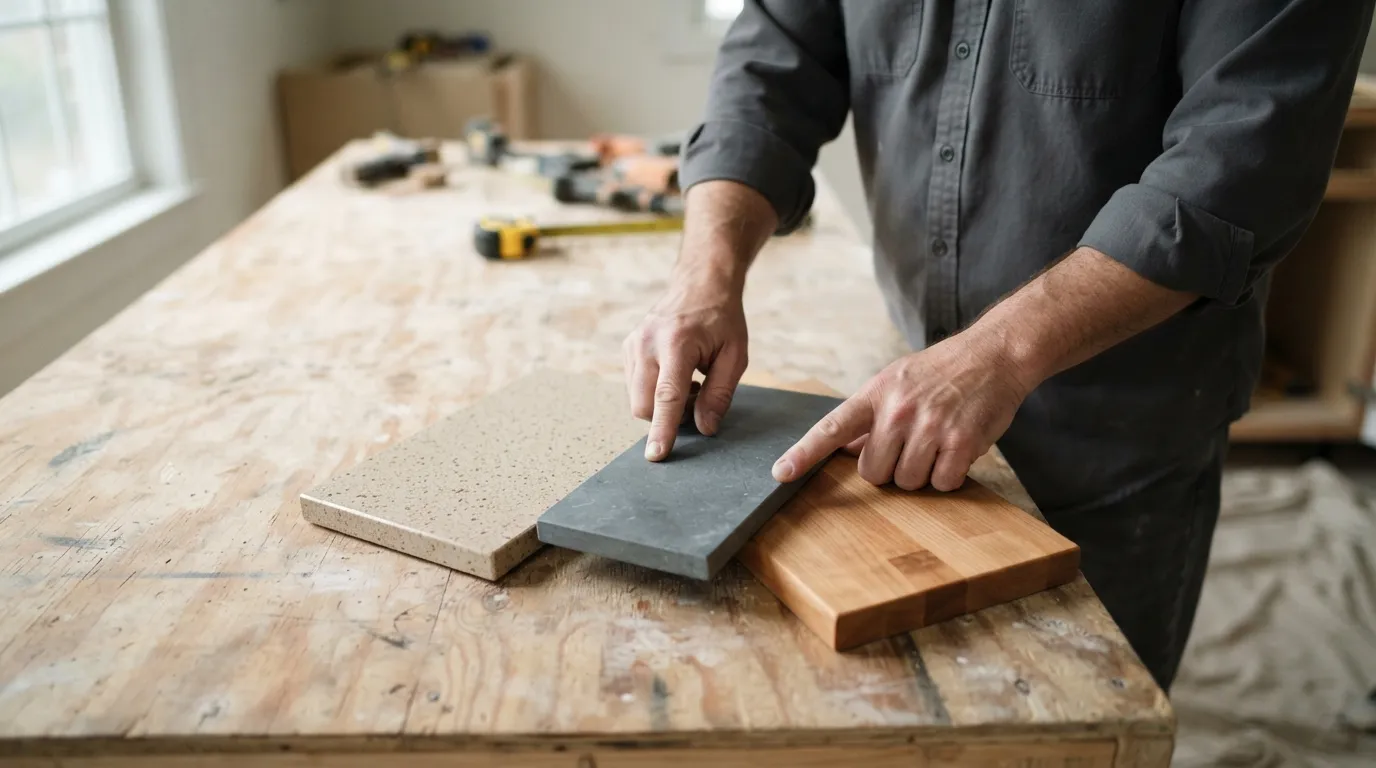 Close-up of three countertop samples fanned on a plywood table under workshop light, with hands reaching in to compare textures