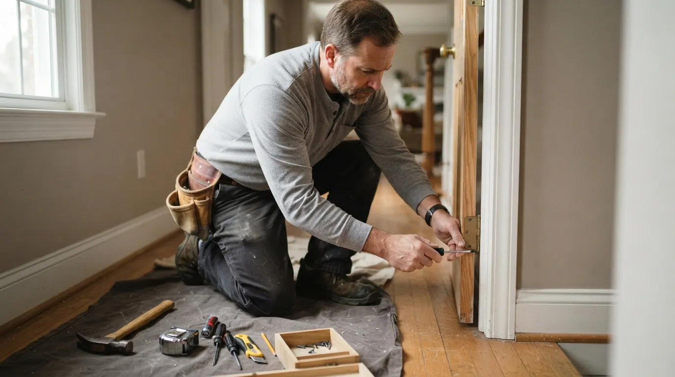 A tradesperson kneeling by an interior door, tools on a cloth, light from a nearby window showing hands at work
