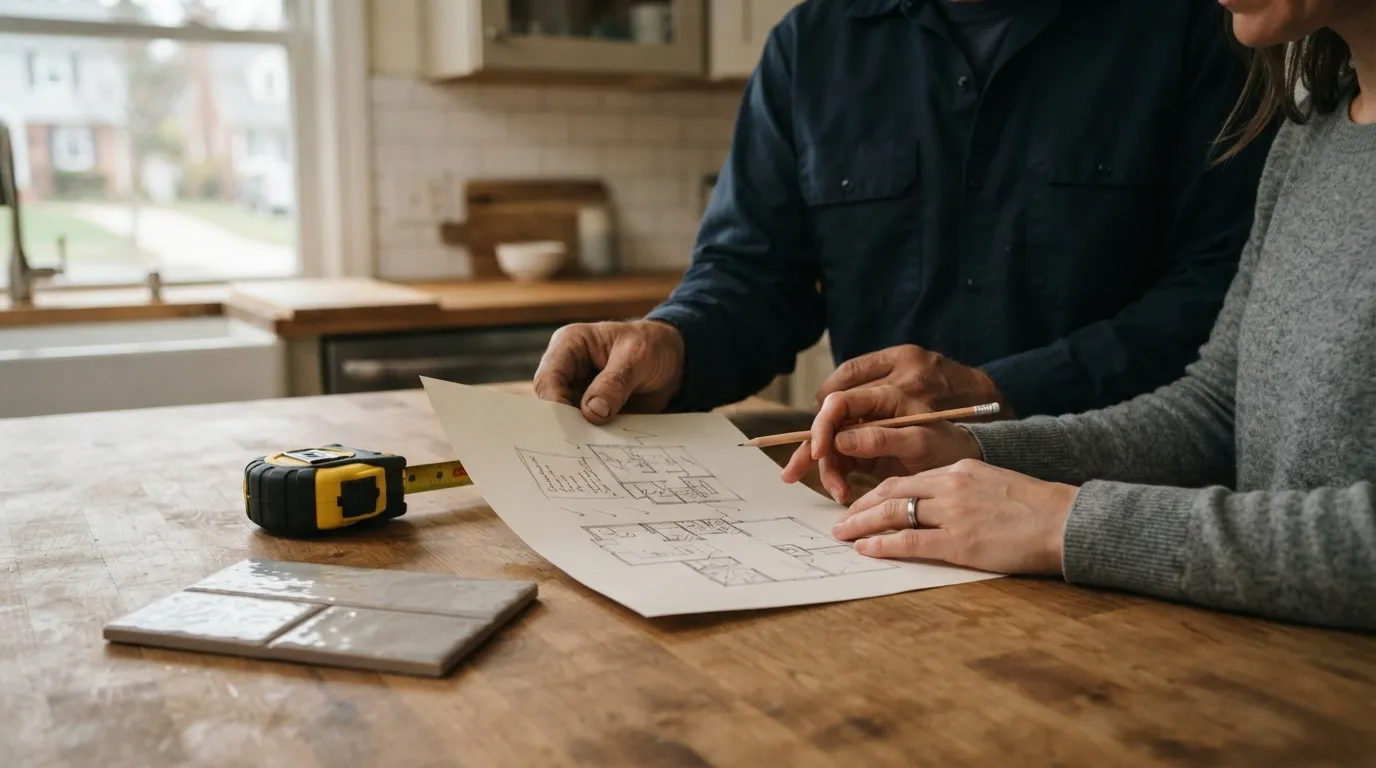 Two hands holding a written work scope over a kitchen counter, a tape measure and a small sample tile beside them, soft daylight on the scene